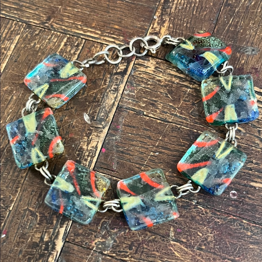 Handmade Multicolor Glass Tile Bracelet - Blue with Red & Yellow Accents